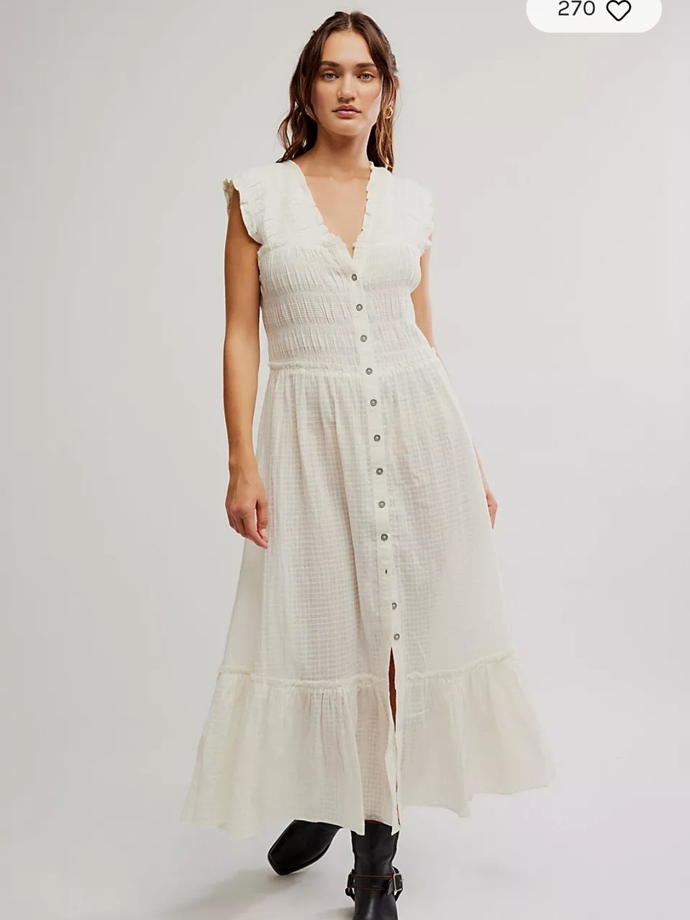 Anthropologie Cream Button-Front Maxi Dress with Ruffle Sleeves